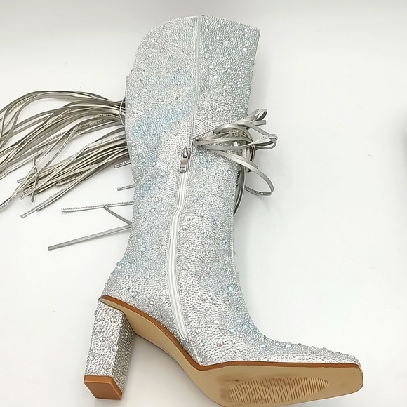 Women's Silver Fringe Rhinestone Cowboy Boots Silver 7 - Picture 11 of 16